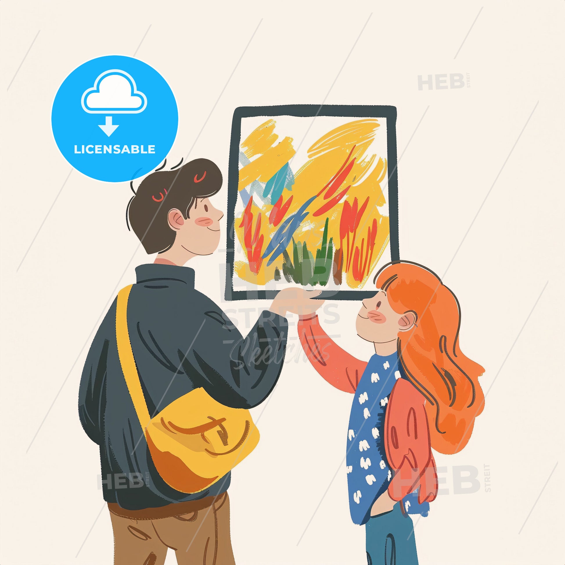 A child holding up a drawing they made - A man and a girl looking at a painting