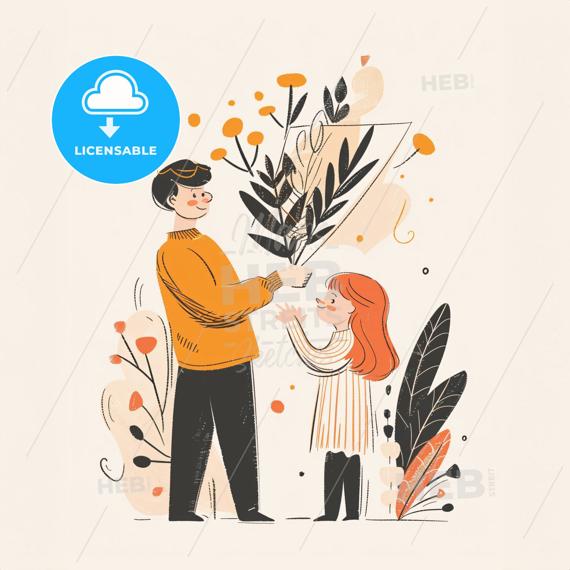 A child holding up a drawing they made - A man giving a girl a bouquet of flowers