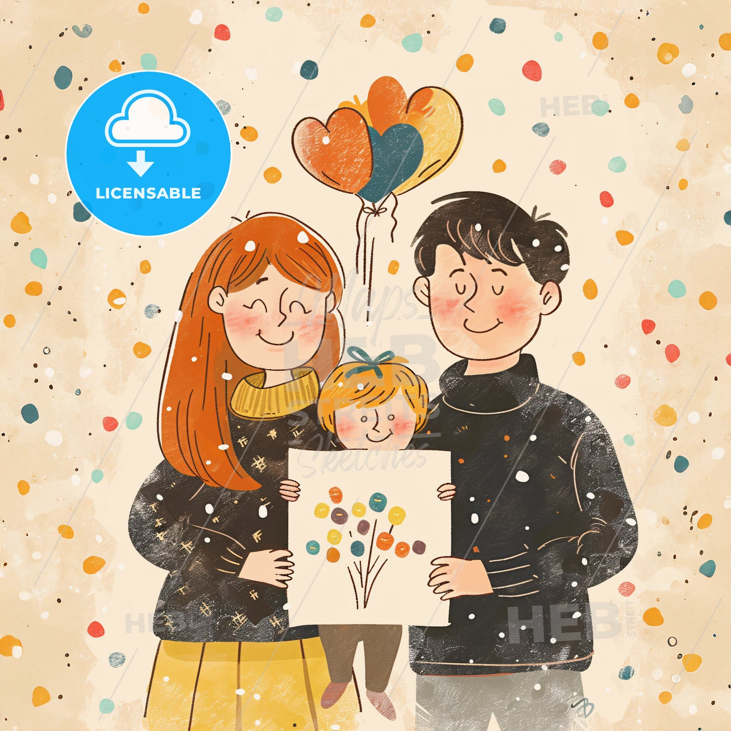 A child holding up a drawing they made - A cartoon of a family holding a picture