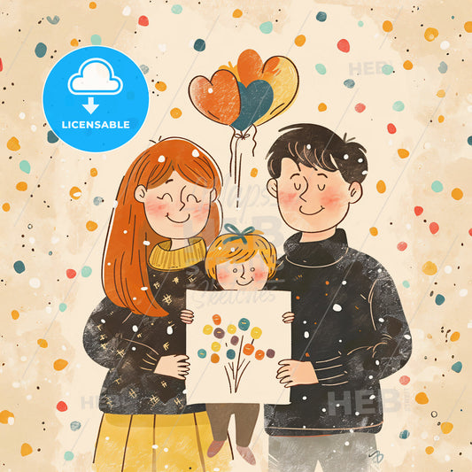 A child holding up a drawing they made - A cartoon of a family holding a picture