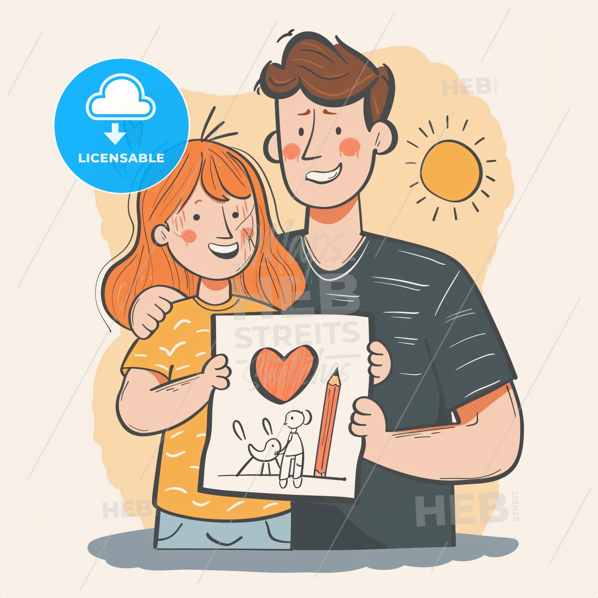 A child holding up a drawing they made - A man and a woman holding a picture