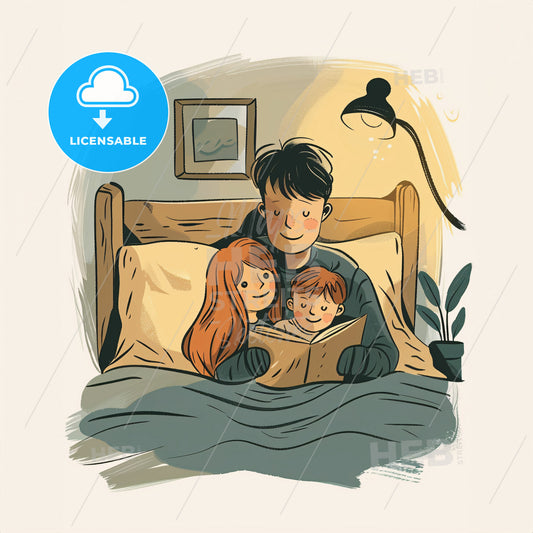 A child snuggled up in bed - A man reading a book to two children