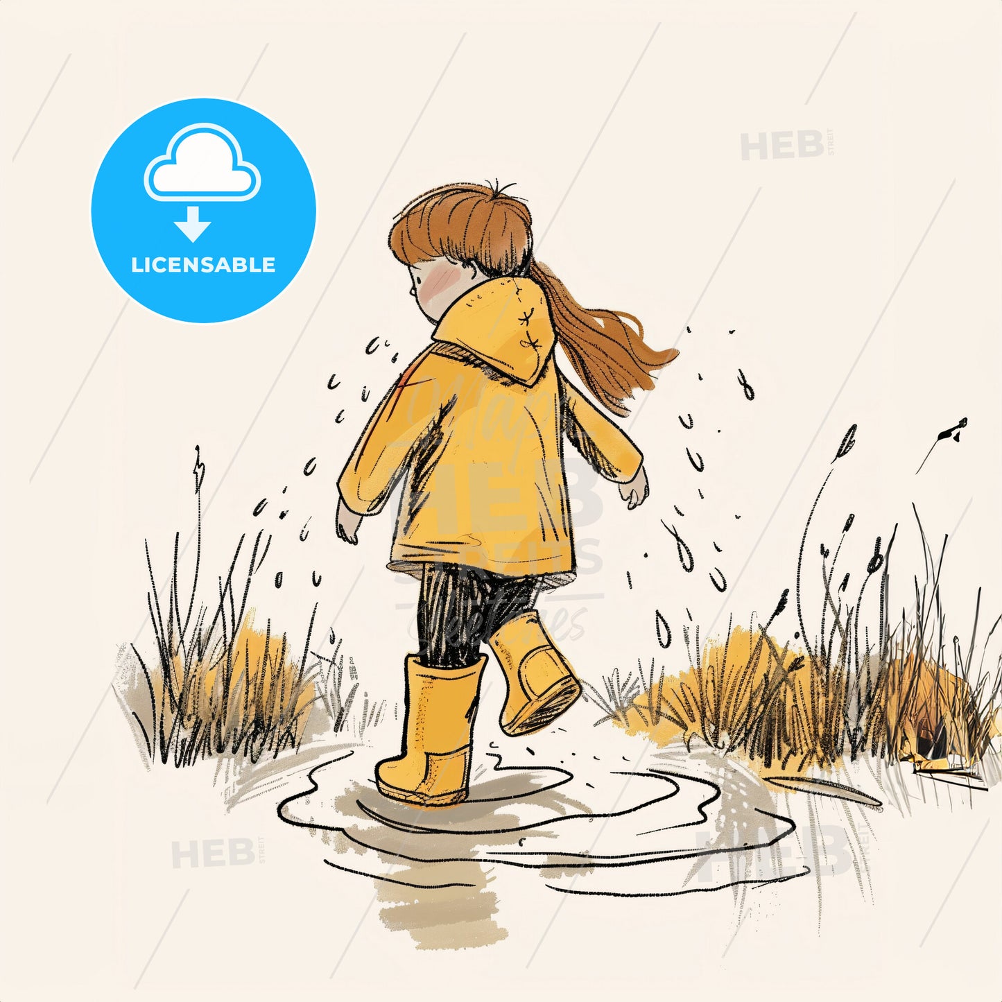 A Child Splashing In A Puddle In The Park - A Child In A Yellow Raincoat And Boots Walking In A Puddle