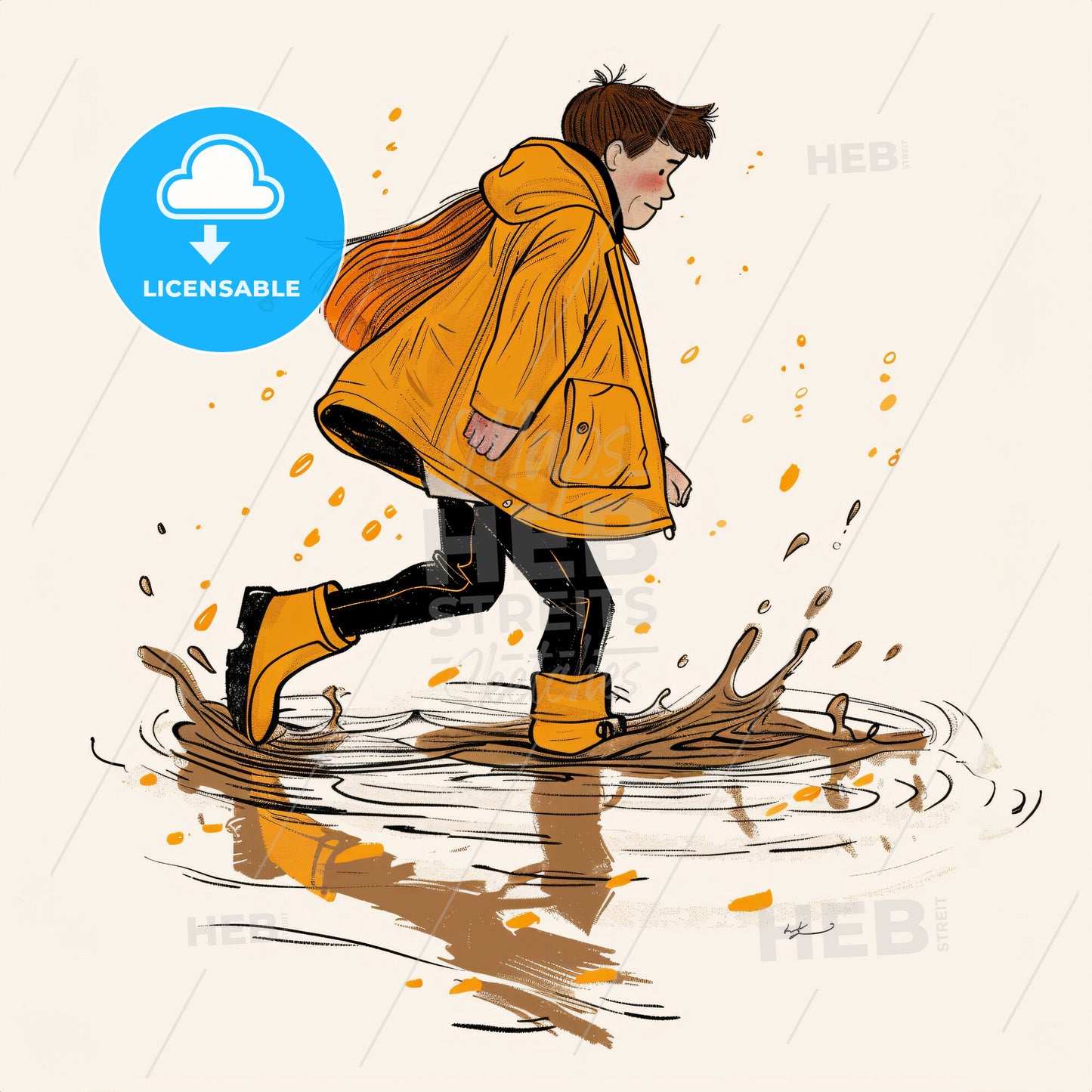 A Child Splashing In A Puddle In The Park - A Boy In A Yellow Raincoat And Boots Walking In A Puddle