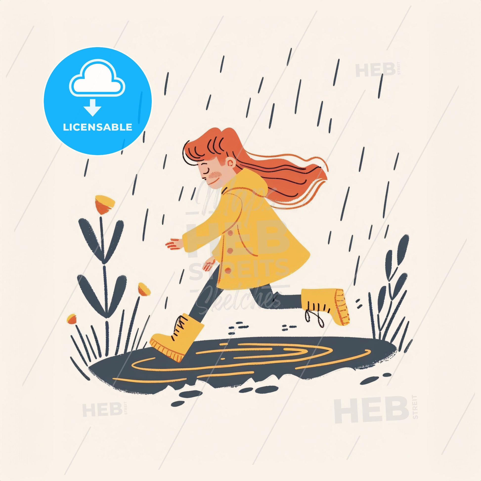 A Child Splashing In A Puddle In The Park - A Cartoon Of A Girl Running In The Rain