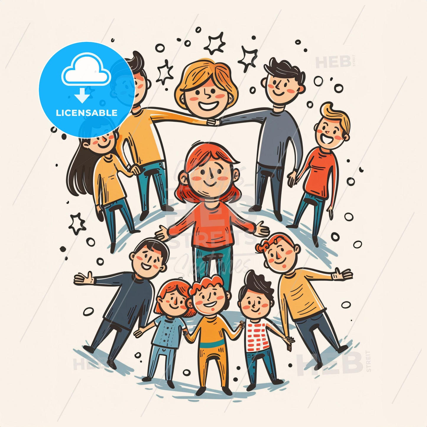A child stands in the center of a circle formed by parents - A group of people standing together