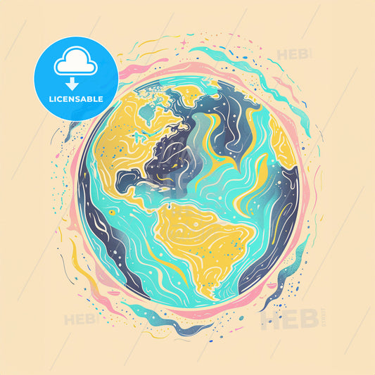 A clipart of groovy hippie icon of planet earth in pastel colors on a white background, 70s style retro design with bright primary color accents and playful shapes - A planet earth with colorful swirls