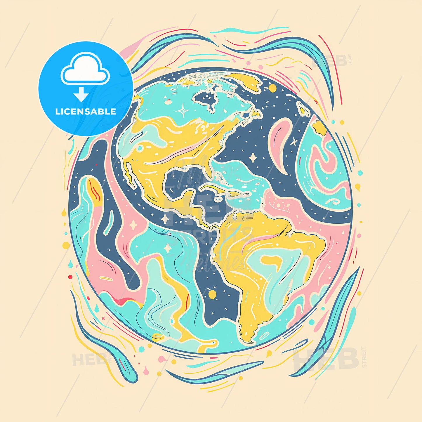 A clipart of groovy hippie icon of planet earth in pastel colors on a white background, 70s style retro design with bright primary color accents and playful shapes - A colorful planet with different continents