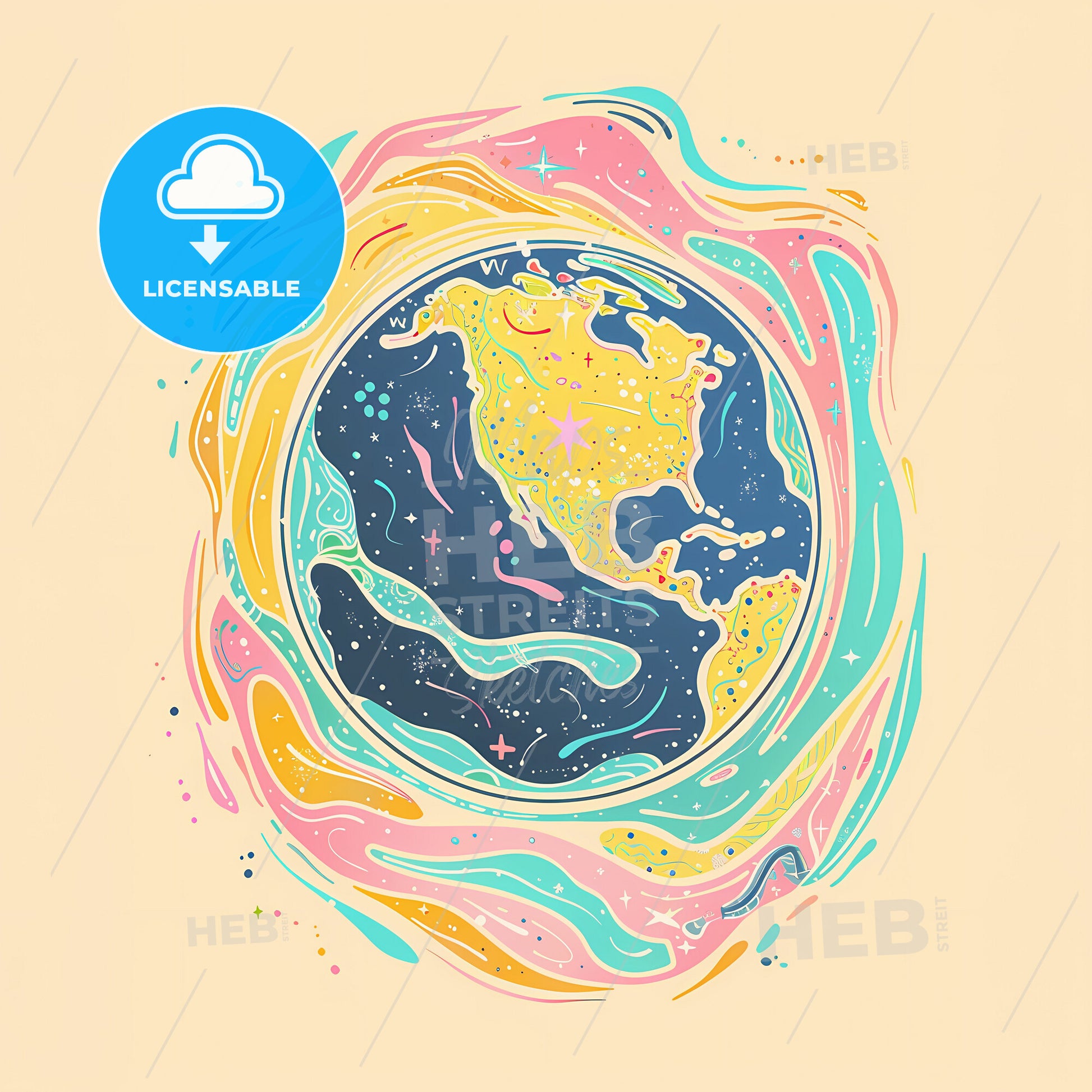 A clipart of groovy hippie icon of planet earth in pastel colors on a white background, 70s style retro design with bright primary color accents and playful shapes - A colorful planet with stars and a yellow star