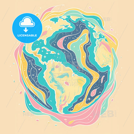 A clipart of groovy hippie icon of planet earth in pastel colors on a white background, 70s style retro design with bright primary color accents and playful shapes - A colorful planet with different colors