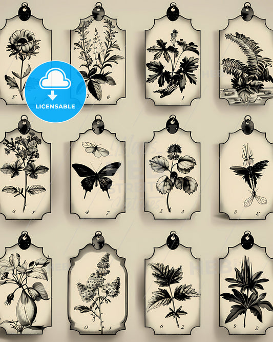 Intricate Black and White Halloween Tags Collection with Cream Backgrounds for Easy Printing or Cutout, Featuring Vintage Plant Designs