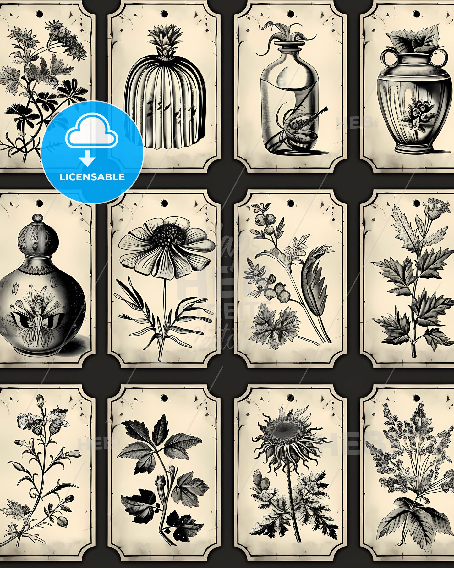 Collection of vintage Halloween plant tag illustrations with black and white tones on cream backgrounds for easy cutout or printing details