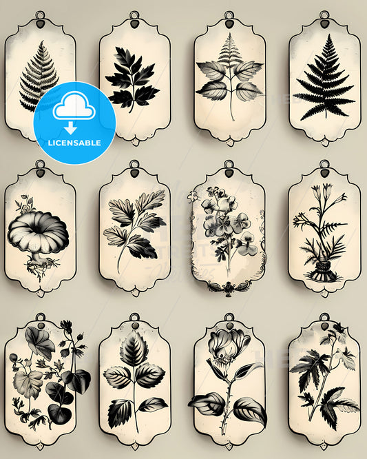 Vintage Halloween Tags Collection: Black and White Holloween Illustrations on Cream Backgrounds with Floral Details