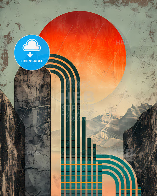 Vibrant Vintage Poster-Style Painting: Flowing Lines, Metallic Rectangles, Warmcore, Stimwave, Mesopotamian Art Inspired Mountains and Sun