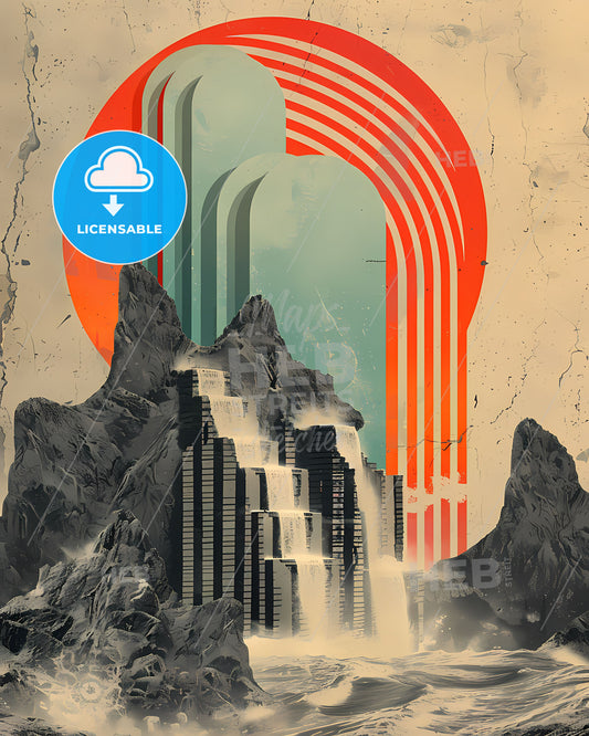 Vintage Art Deco Waterfall Painting: Fluid Metallic Rectangles Mesopotamia Warmcore Stimwave