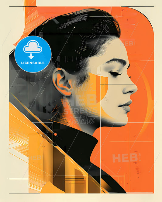 Art Deco Inspired Colorful Portrait: Vibrant Painting of a Woman with Closed Eyes and Dynamic Curves