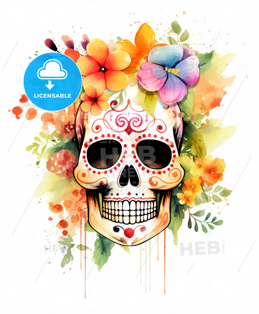 Colorful Watercolor Sugar Skull Art: Vibrant Painting with Flowers and Leaves