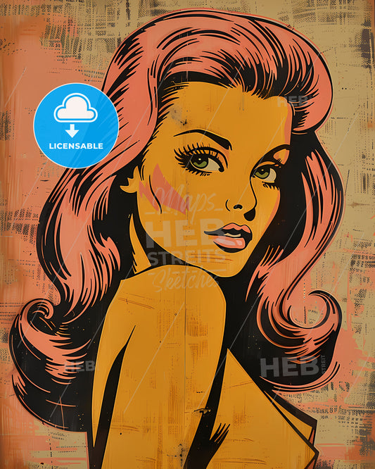 Vibrant 1950s Comic Book Art Popup Style Painting of a Woman with Light Pink Hair