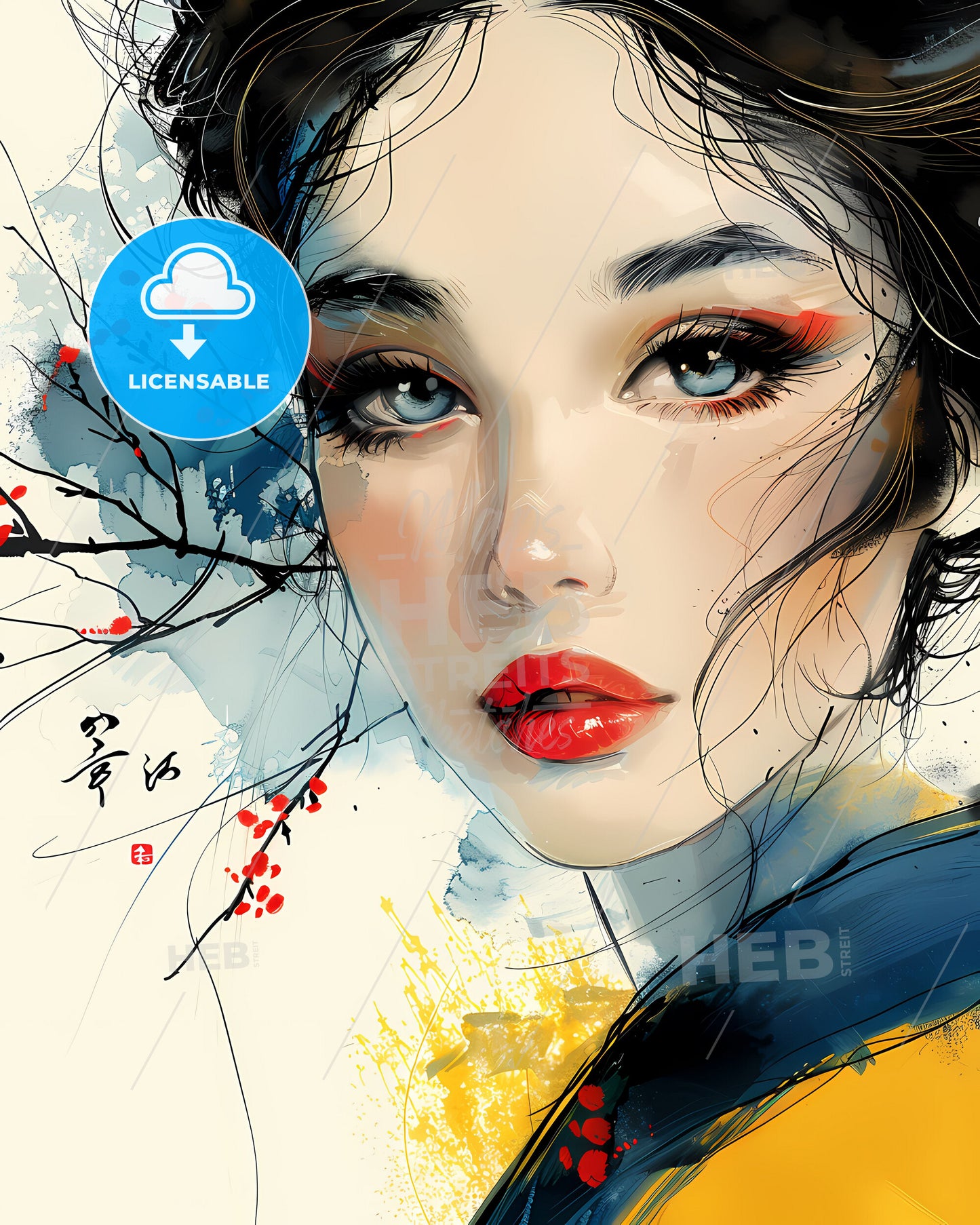 Seductive Feminine Orient-Style Painting With Blue Eyes, Red Lips, Delicate Lines and Vibrant Colors High Resolution