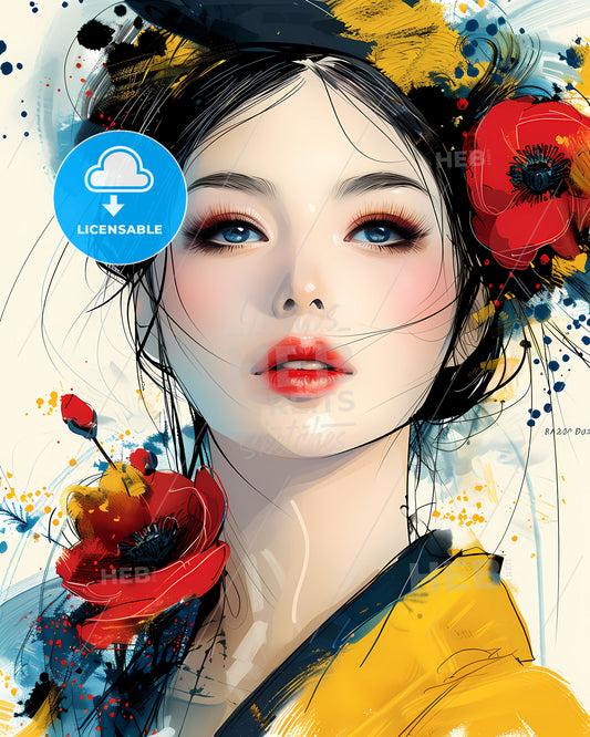 Vibrant and Detailed Manga-Style Painting: Orient Artist Draws Delicate Feminine Beauty with Floral Accents