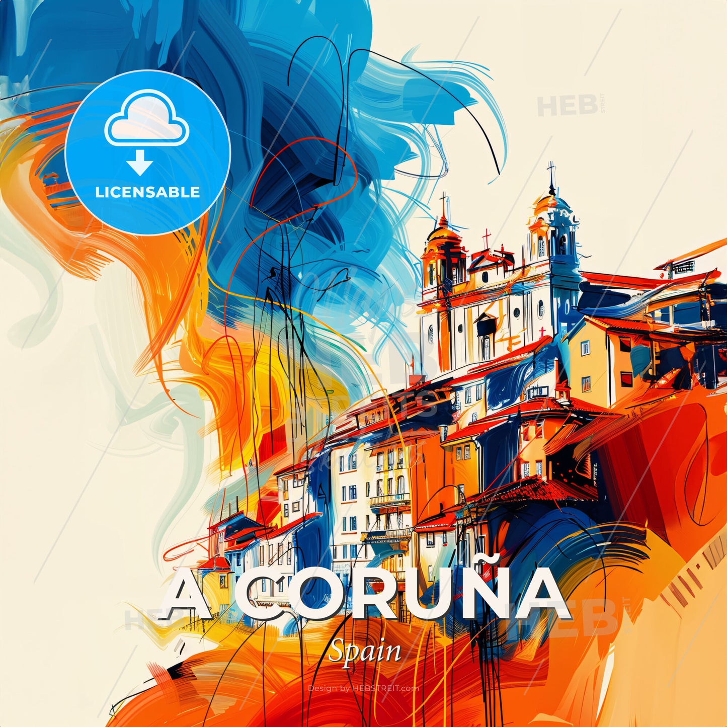 Vibrant A Coruña, Spain - A Painting Of A Building - Square format print template