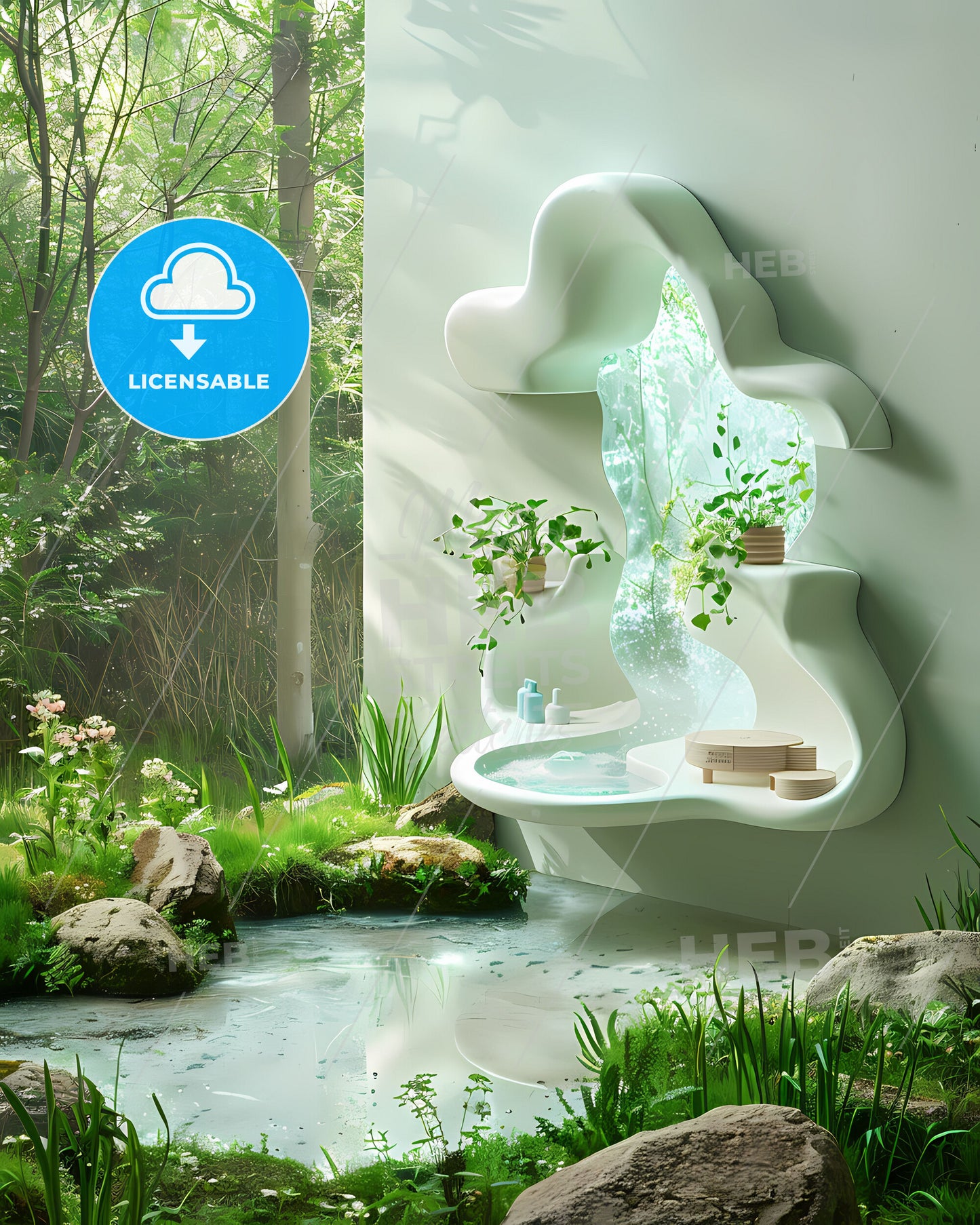 Abstract White Cloud-Shaped Shelf Floating in Air Above Lush Nature with Green Wall and Waterfall Pond Painting