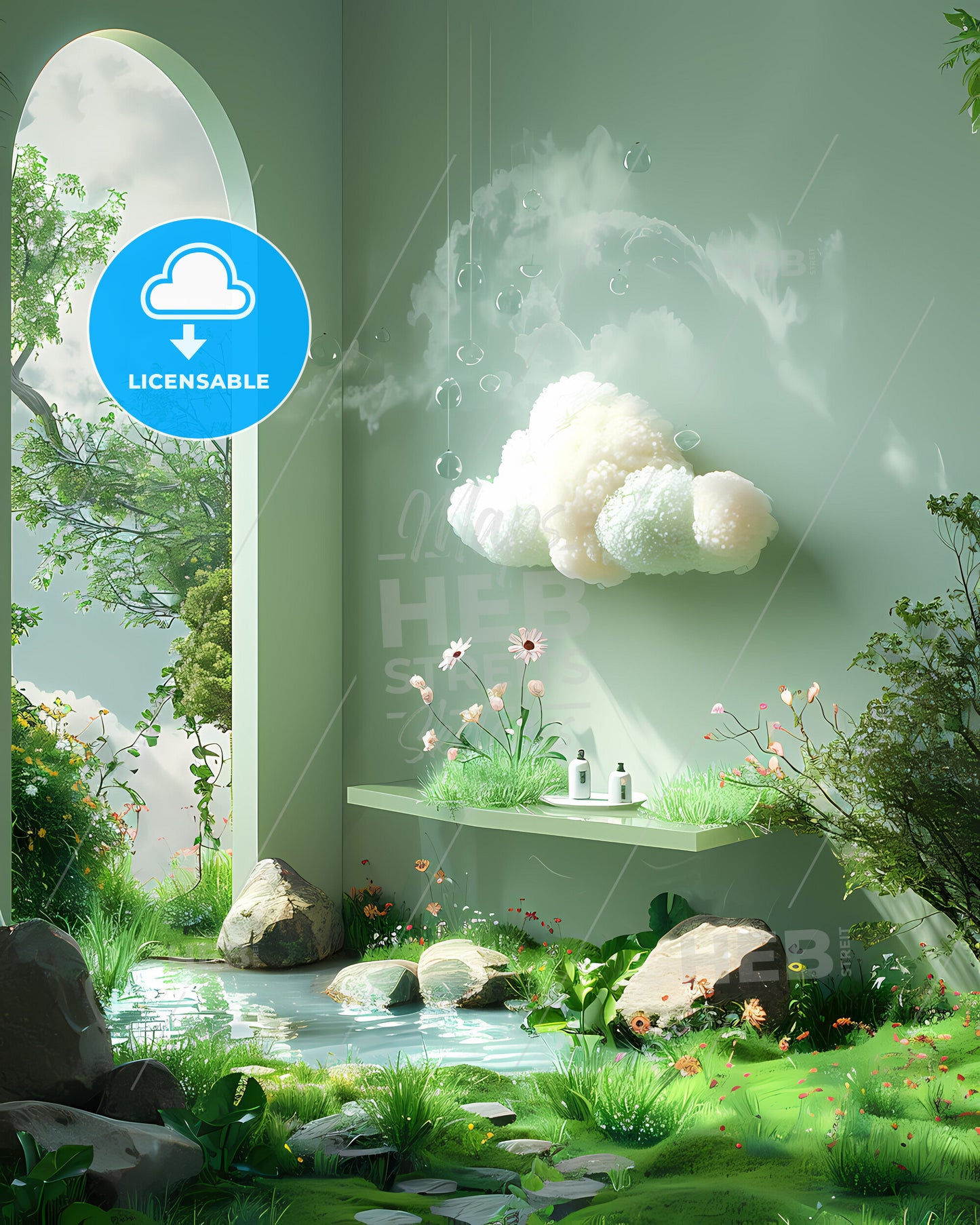 Abstract white cloud-shaped shelf floating in the air with plants, flowers, pond, window, light green wall, rocks, and water