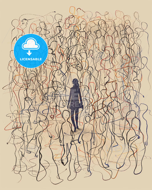 Urban Loneliness: Minimalist Line Art Masterpiece - A woman standing in a crowd of people