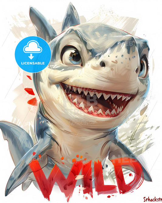 Cute Cartoon Shark Logo: WILD Srhackstrictor - Friendly White Baby Tiger Character with Big Teeth for Childrens T-Shirts and Merchandise.
