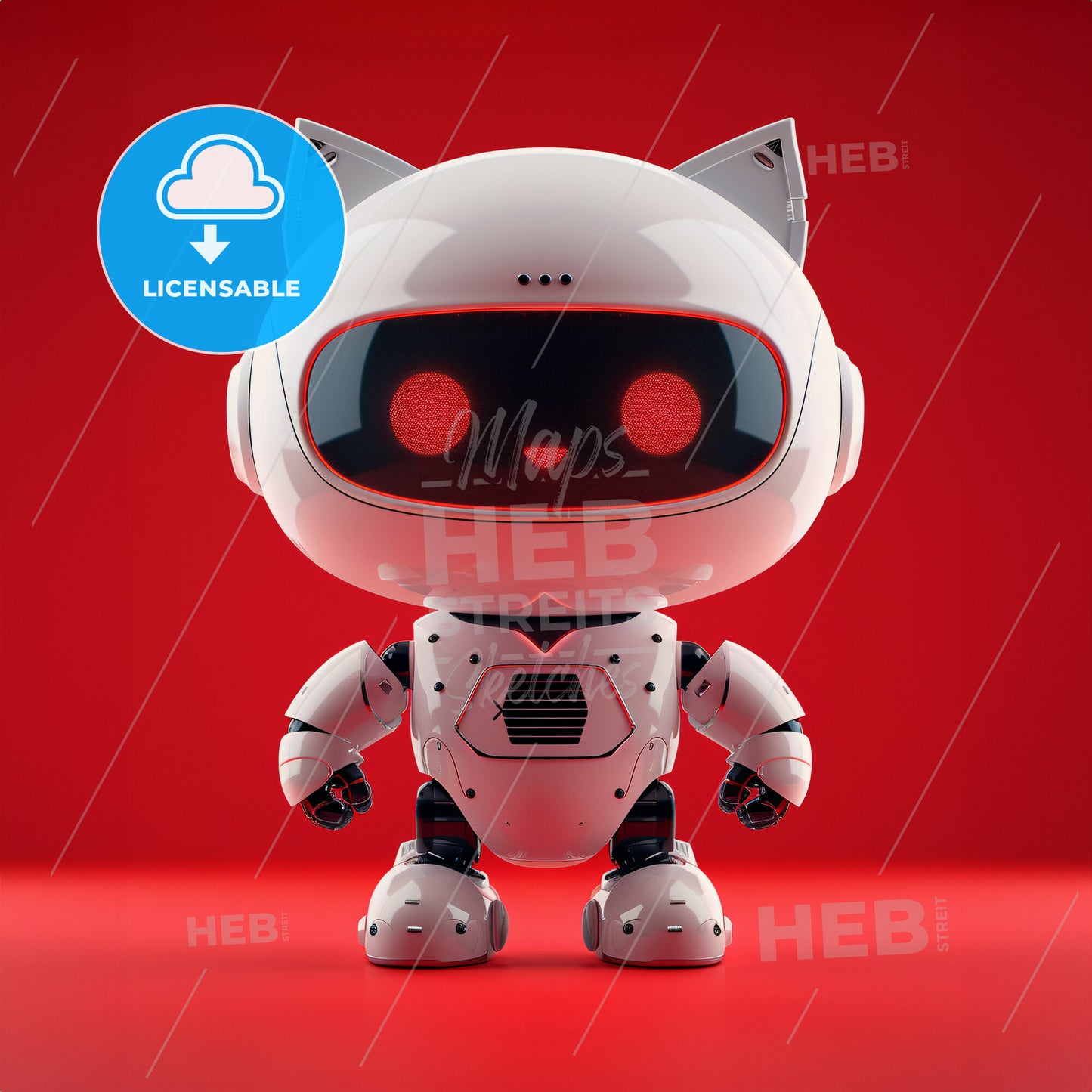 a cute little robot shape as a cat, the face is a led screen, isolated on a red backgroun - A white robot with a cat face