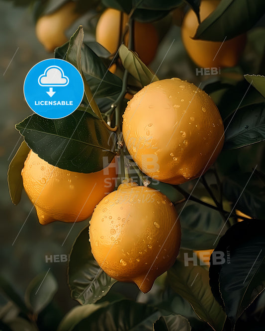 Atmospheric painting featuring lemons on a tree, showcasing vibrant colors and artistic elements