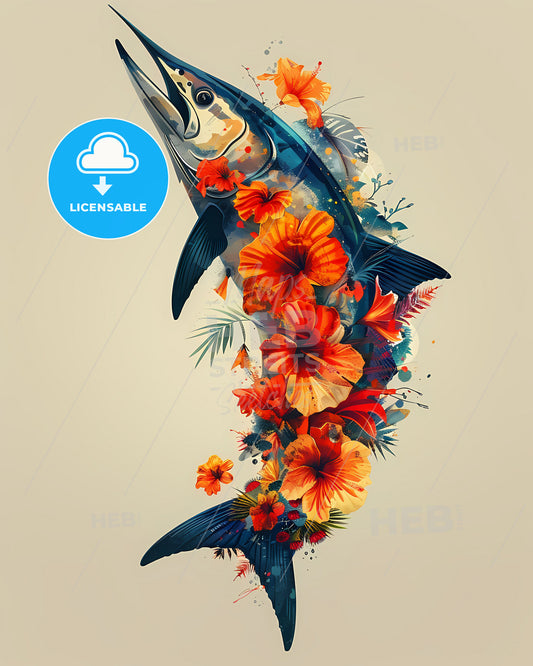 Elegant Floral Marlin Silhouette: Vibrant Art Print Adorned with Tropical Floral Patterns