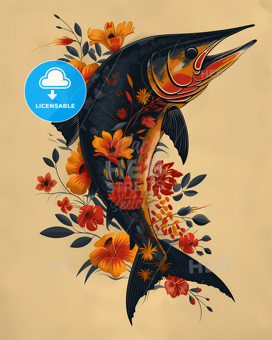 Vibrant Tropical Marlin Art Print: Elegant Silhouette with Floral Adornment in Offshore Sportsman Arch Shape
