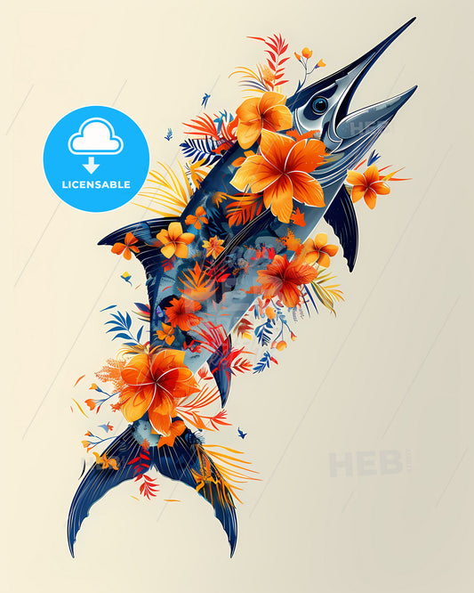 Artistic Marlin Silhouette: Floral Print with Offshore Sportsman Arch Design