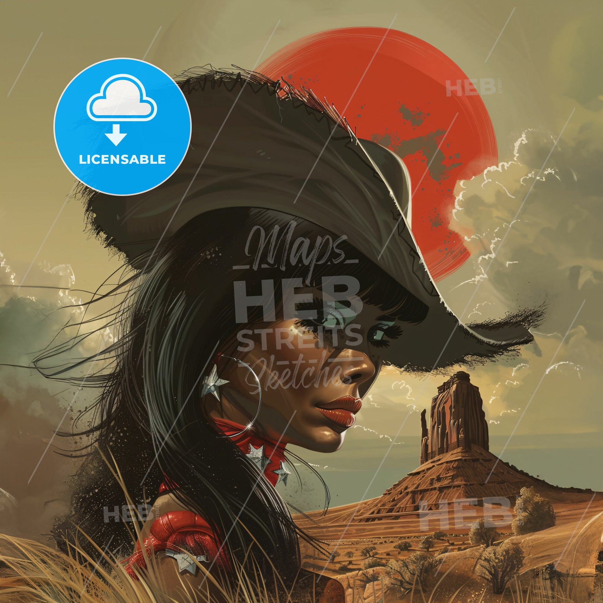 A double exposure portrait blending a silhouette of a cowgirl with flowing hair - A woman in a hat in a desert