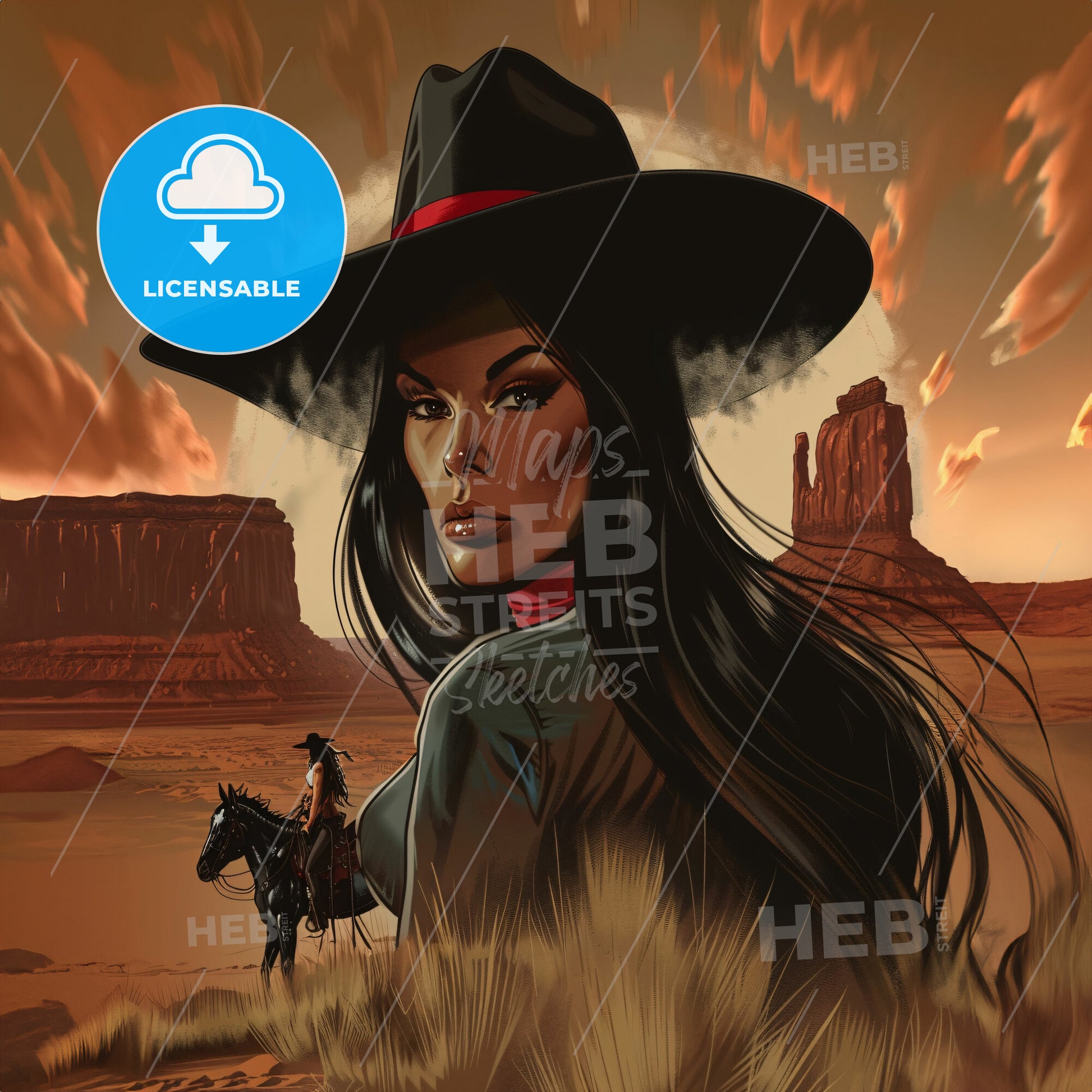 A double exposure portrait blending a silhouette of a cowgirl with flowing hair - A woman in a hat in a desert