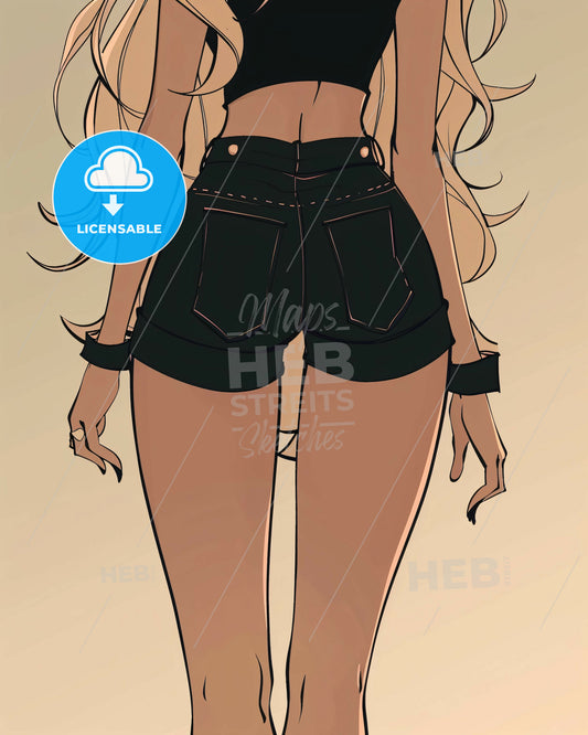 a drawing in adult style coloring book of a woman wearing shorts and heels - A cartoon of a woman