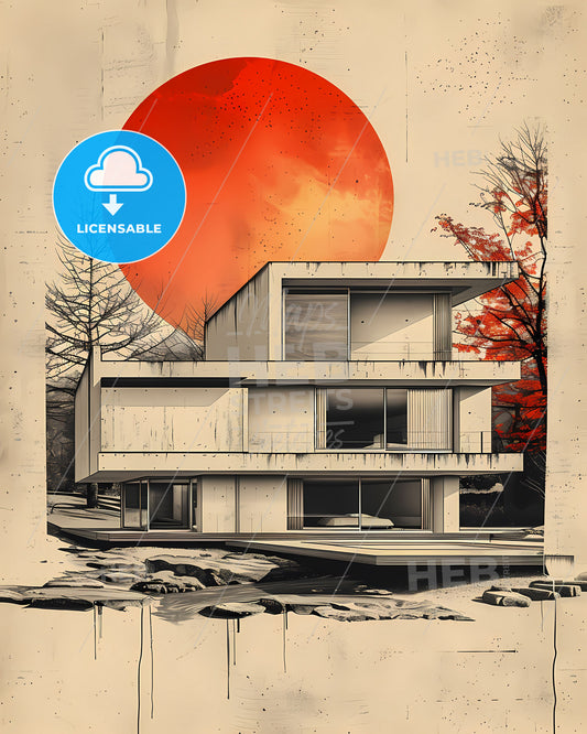 Modernist House Artwork: Sunlit Suburban Home Painting, Stalenhag-Style, Vibrant Art Deco Inspired