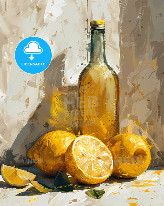 Abstract Digital Painting: Vibrant Lemon and Green Bottle Still Life with Light Pink and Gray Accents, Classical Balance, Cinestill 50d