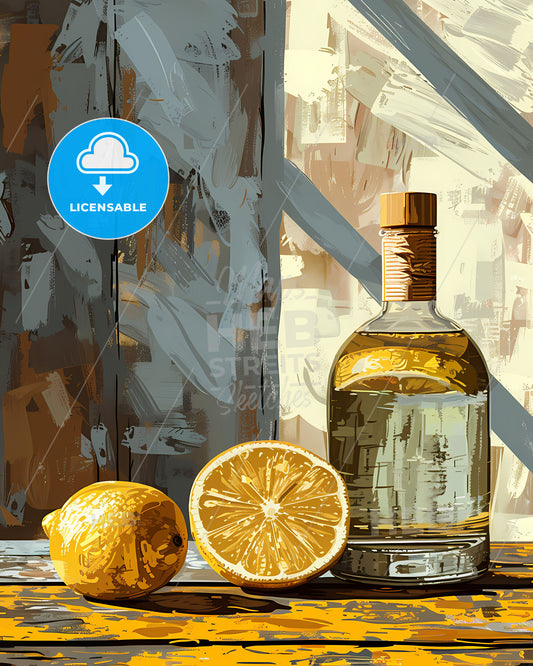 Vibrant Abstract Still Life Painting: Lemon and Bottle in Light Orange and Emerald, Digital Art, Cinestill 50d, Classical Balance