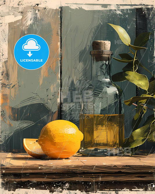 Abstract Art Still Life Digital Painting Lemon and Green Bottle in Light Orange and Emerald, Featuring Classical Balance and Vibrant Colors