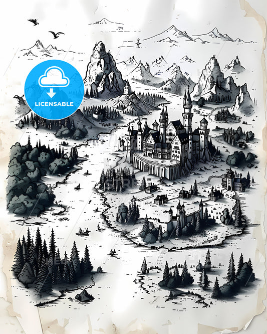 Fantasy Castle and Mountain Art: Painting of Monemvasia Town and Neuschwanstein Castle