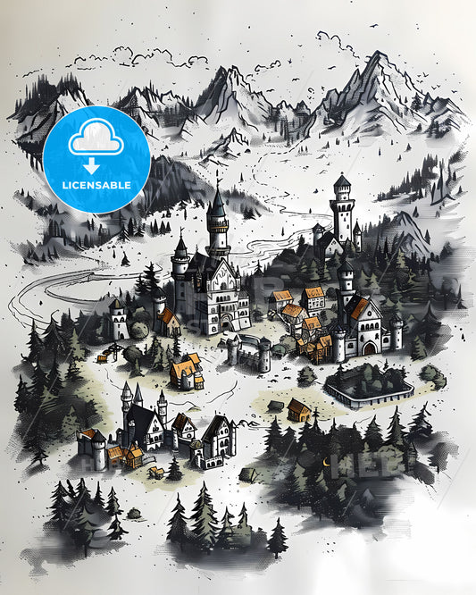 Dreamlike Fantasy Painting of Monemvasia Town Joined with Castle of Neuschwanstein Mountainscape