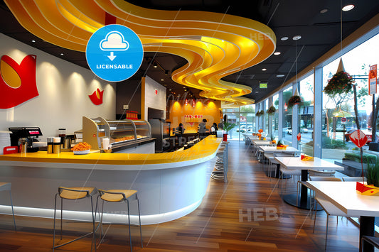 Modern Urban Fast-Food Interior Yellow White Restaurant Art Painting Vibrant Scene