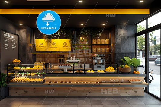 Vibrant Fast-Food Scene: Modern Urban Store Interior, Food Display Art