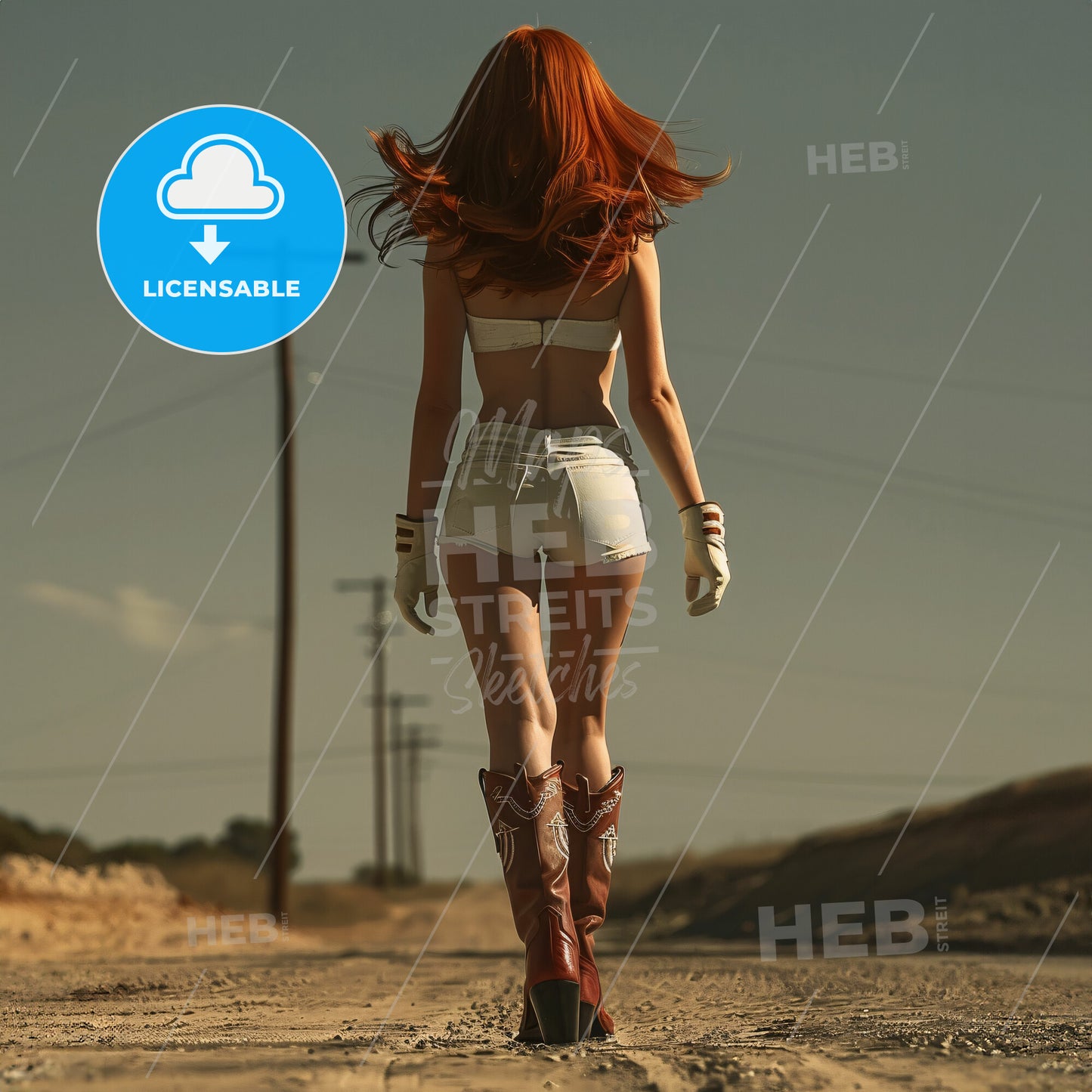 a female model wearing cowboy boots in the middle of nowhere - A woman walking on a dirt road