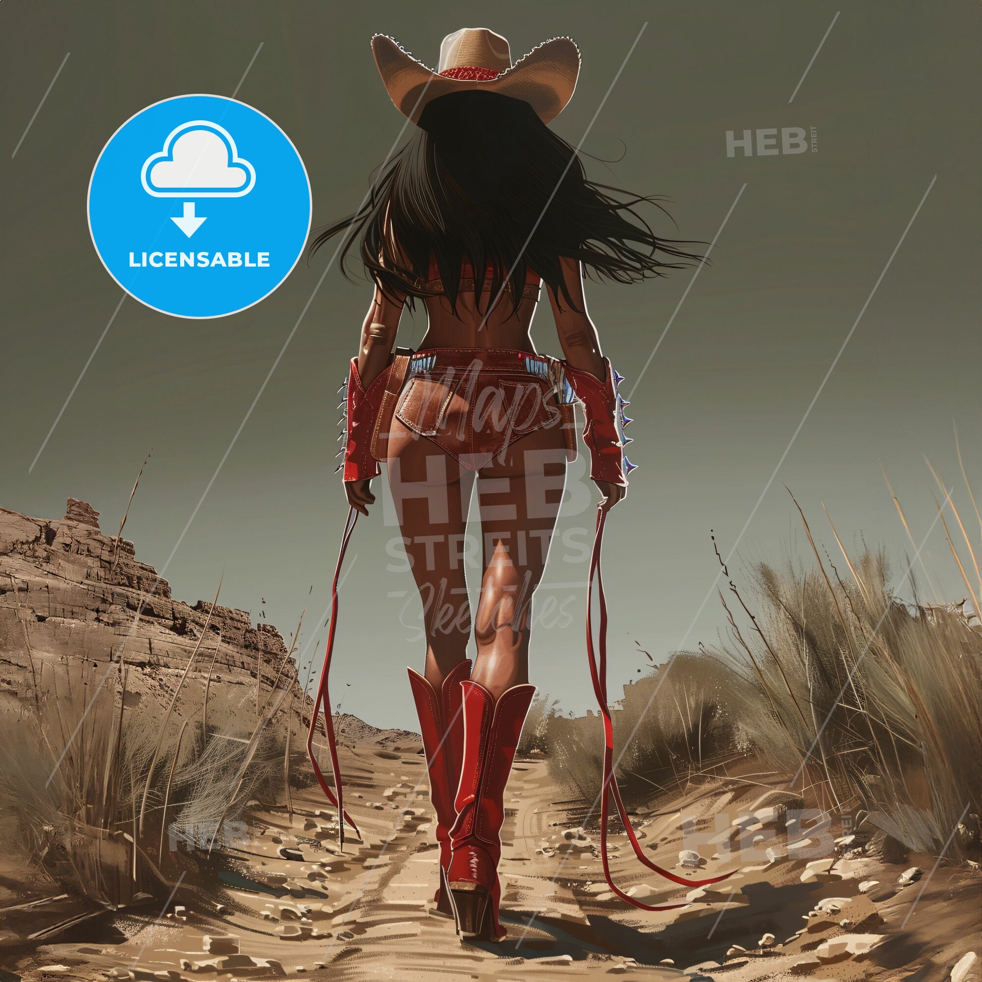 a female model wearing cowboy boots in the middle of nowhere - A woman in a cowboy outfit walking on a dirt path