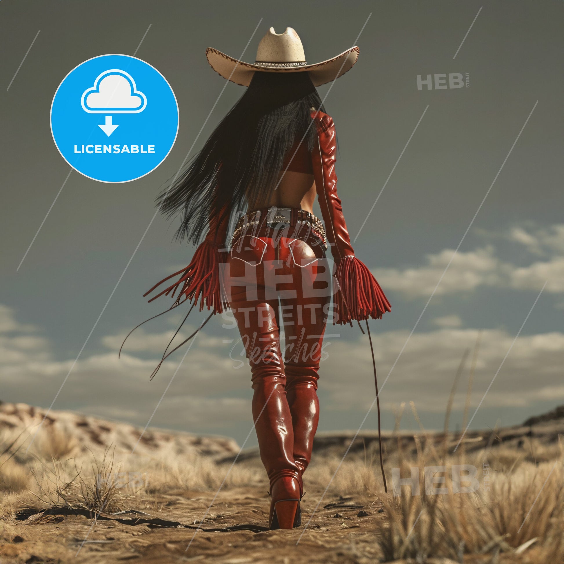 a female model wearing cowboy boots in the middle of nowhere - A woman in red leather pants and cowboy hat walking in a desert