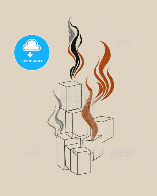 Cozy Minimalist Fireside Artwork - A drawing of several cubes with smoke