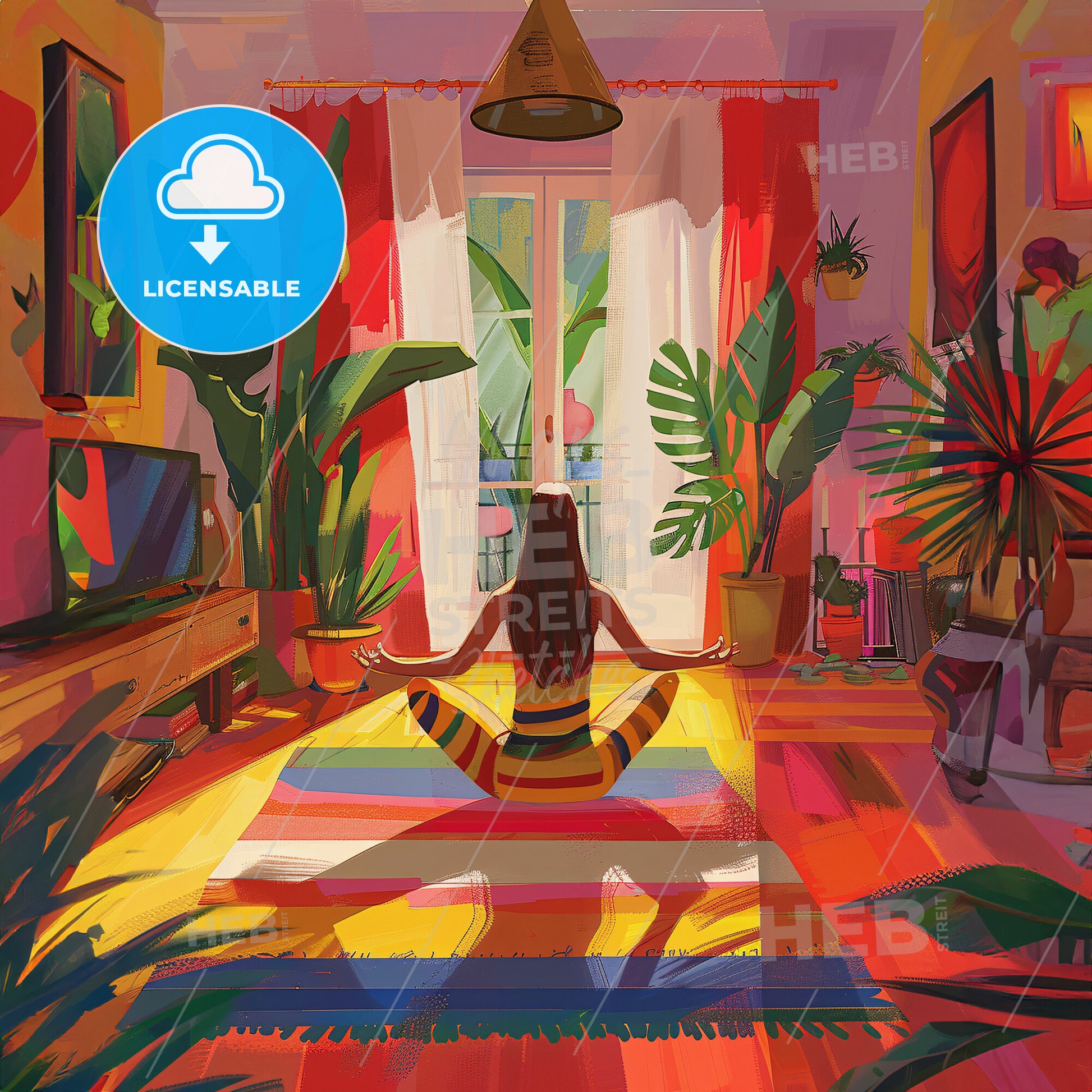 a girl doing yoga in the middle of her living room - A woman sitting in a room with plants